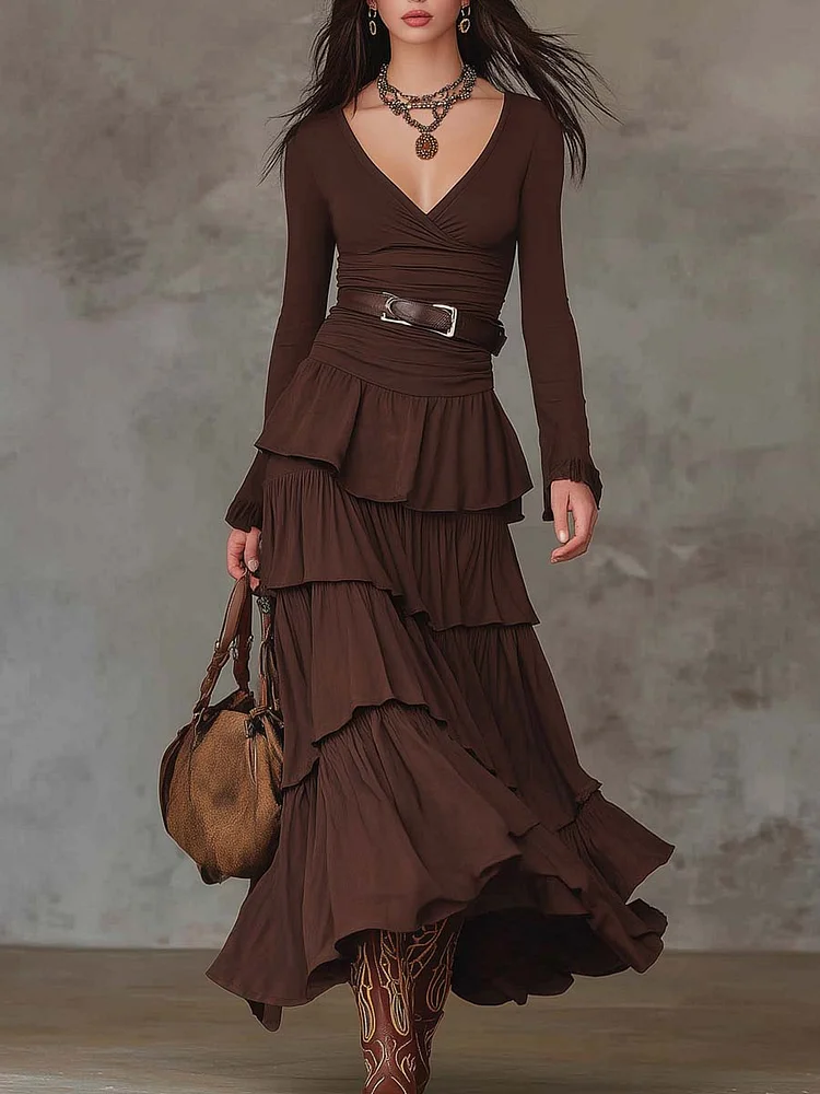 Brown Retro V-neck Multi-layered Ruffled Maxi Dress（With belt）