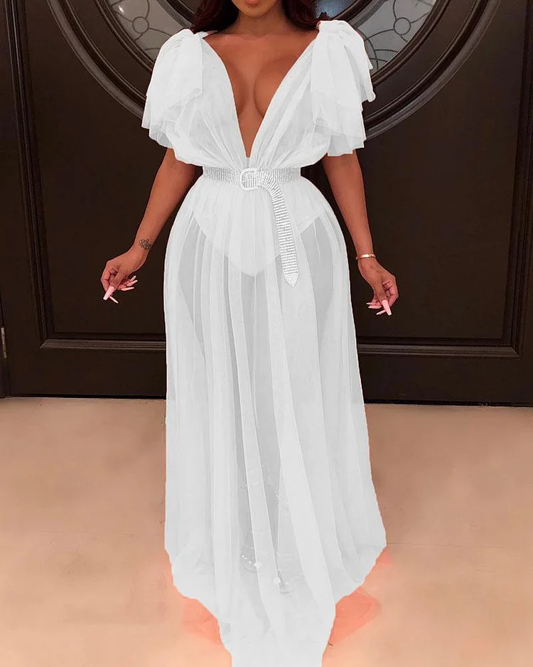 Sexy solid color deep V perspective long skirt (with panties)