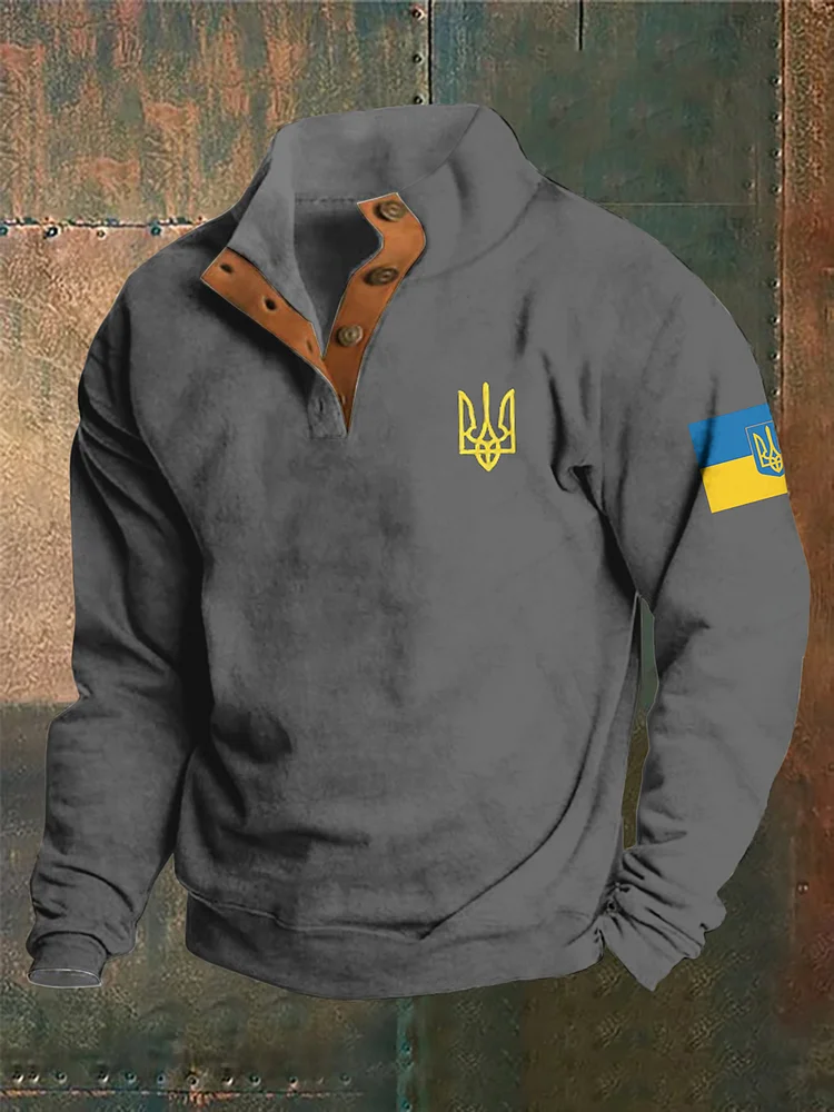 Simpfit Männer unterstützen ukrainischen Dreizack Symbol Knopf Stehkragen Sweatshirt