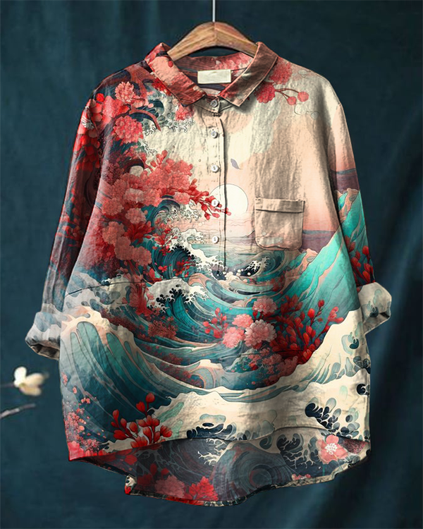Japanese Style Wave Floral Print Casual Cotton and Linen Shirt