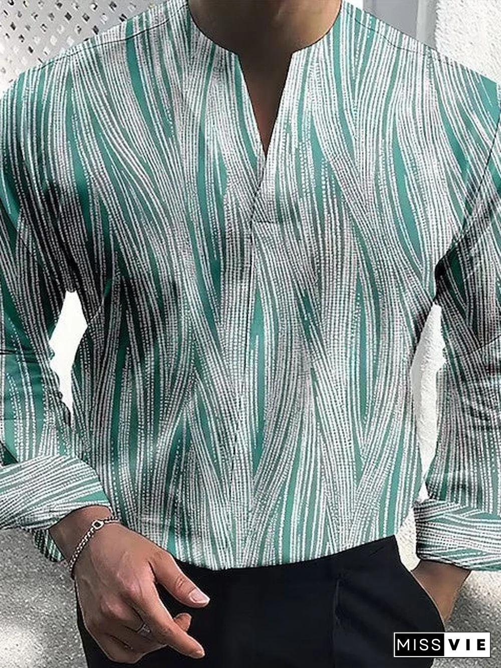 Men Long Sleeve V-neck Striped Printed Shirts