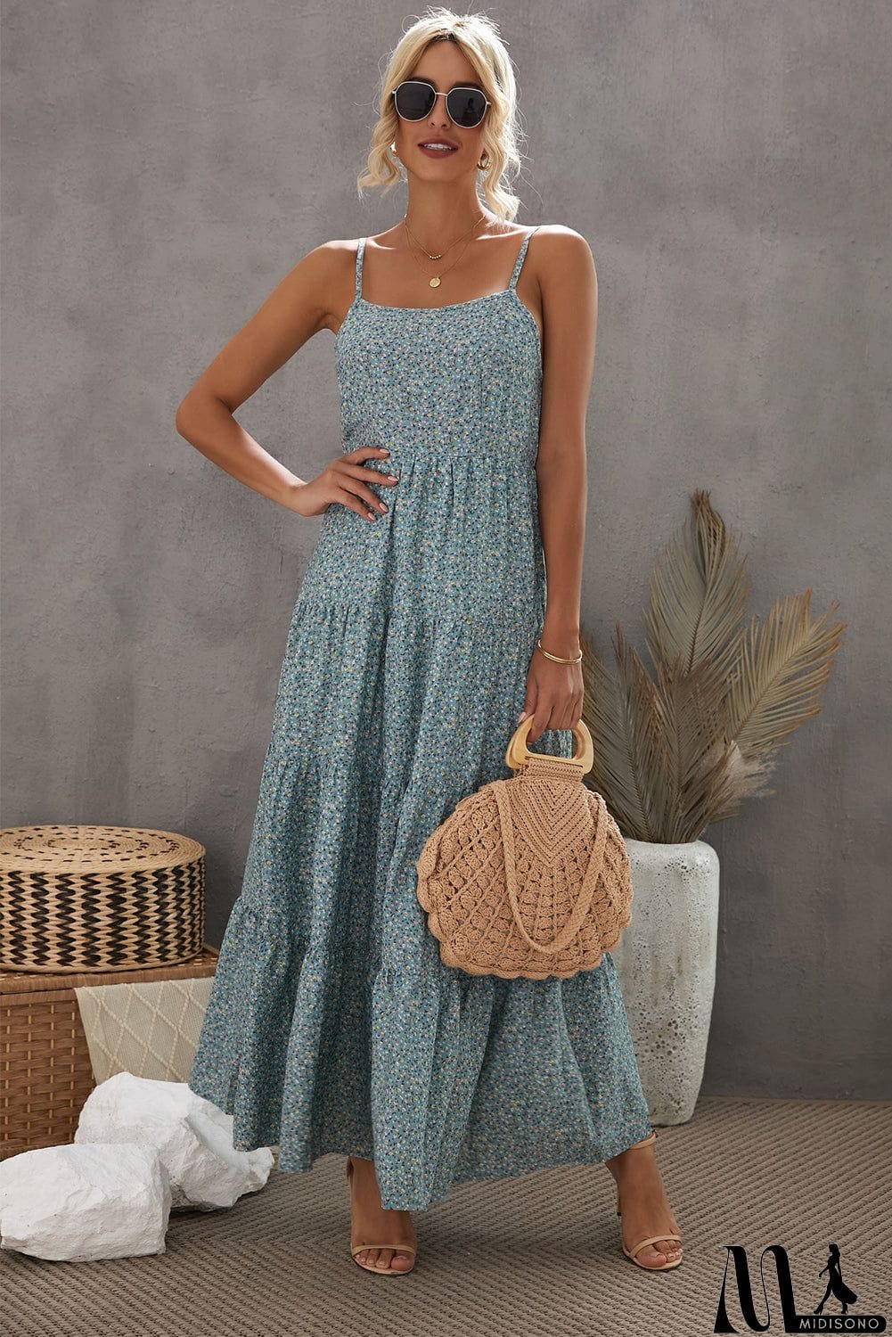 MidiSono - Spaghetti Straps Floral Print Tiered Maxi Dress