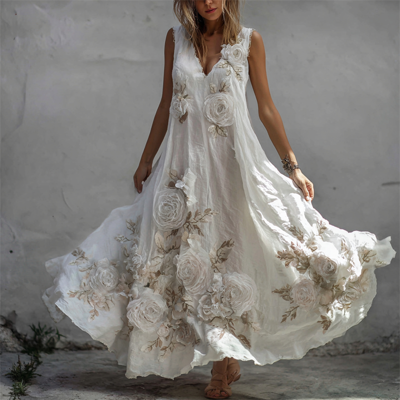 Zwiewna lniana sukienka maxi w białe róże w stylu vintage