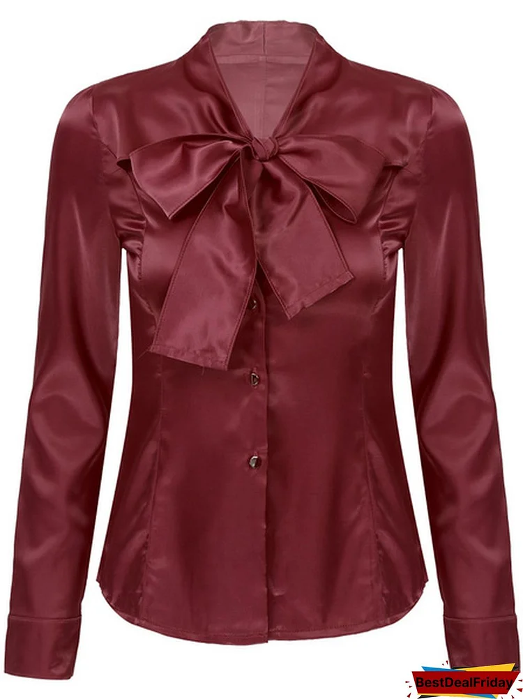 Spring Autumn Silk Satin Blouse Women Elegant Long Sleeve Bowknot Solid Color Office Party Business Shirts Tops