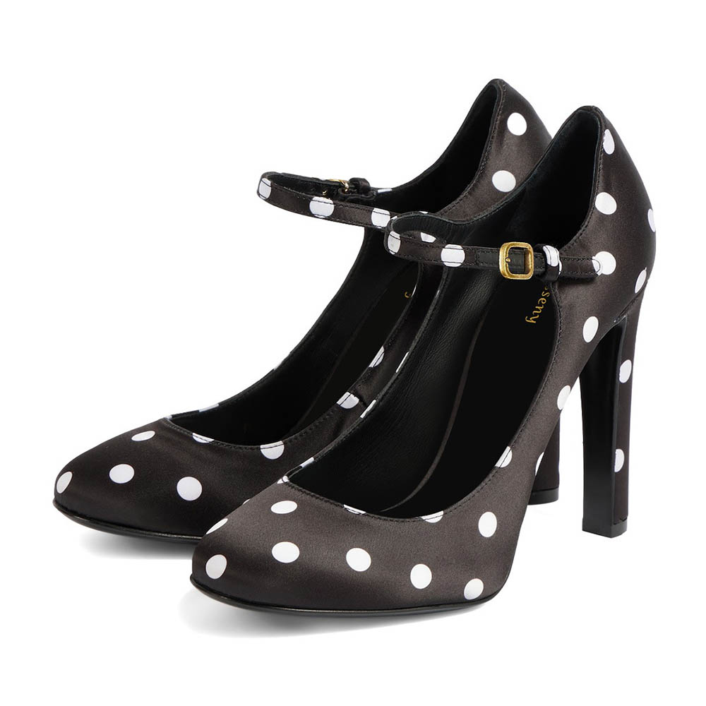 Black & White Polka-Dot Buckle Strap Chunky Heeled Mary Jane Shoes Nicepairs