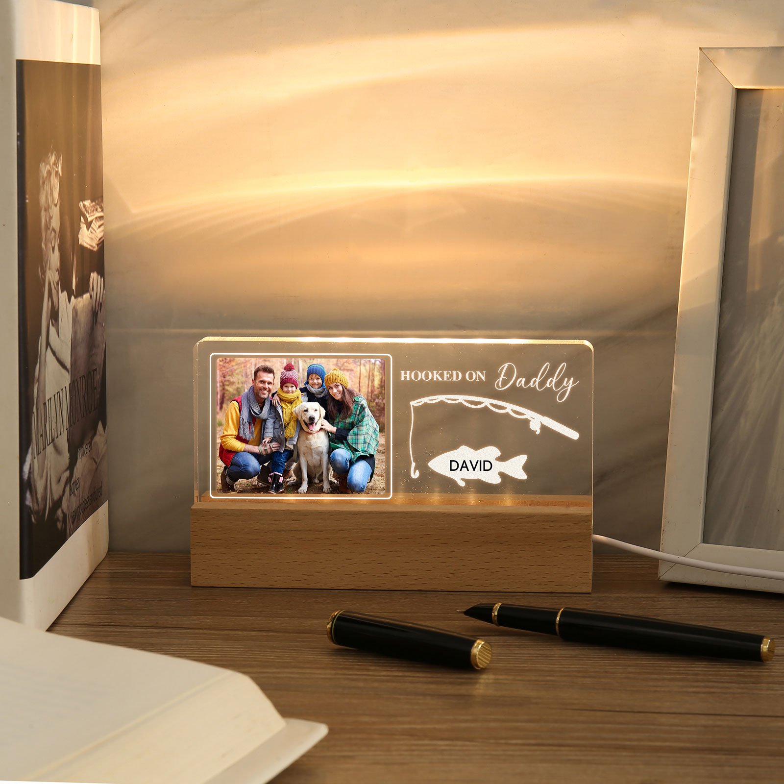 1 Name - Personalised Photo Fishing Pattern Desk Lamp Father's Day Gift For Dad