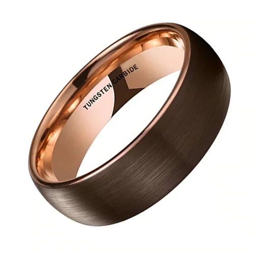 6MM 8MM Women's Or Men's Tungsten Carbide Wedding Rings Brown with Matte Finish Top with Inside Rose Gold Comfort Fit Domed Top