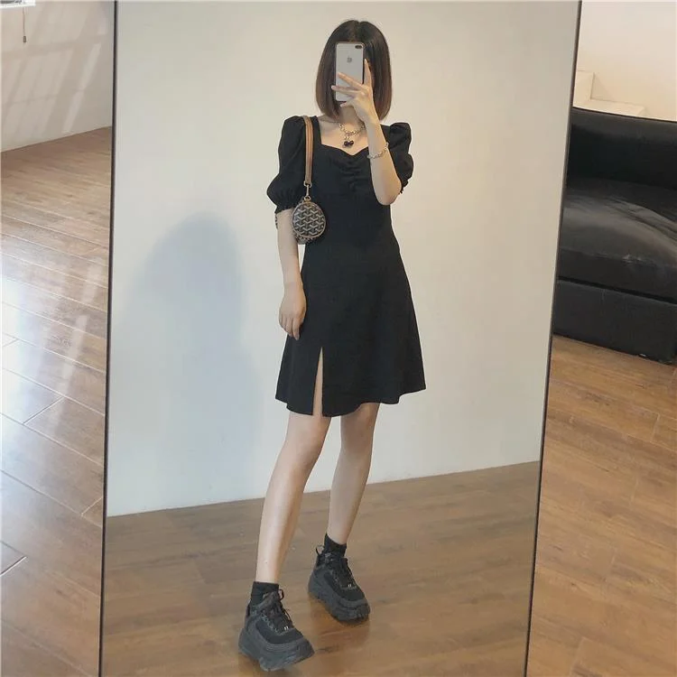 Dress Women Square Collar Holiday Lady Sundress Side-slit Design Pure Summer Sexy Fashion Vintage French Style Simple High Waist