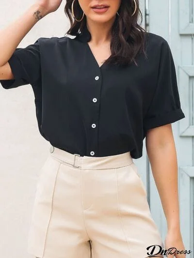 Notched Button Up Short Sleeve Shirt