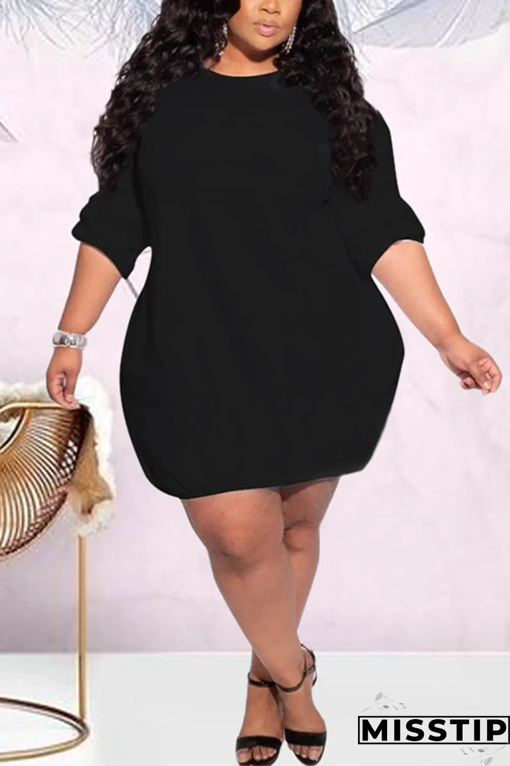 Black Fashion Casual O Neck Long Sleeve Regular Sleeve Solid Long Sleeve Dress Plus Size