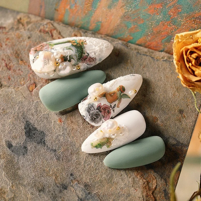 1 Sheet 3D Angel Design Nail Stickers Elegant Cupid Flower Nail Art Decoration DIY Back Adhesive Decal Ornament Stickers-Nail Inspo