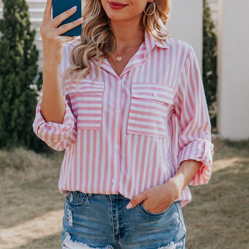 Women's Washed Striped Single Breasted Long Sleeve Shirt Blouse For Women MusePointer
