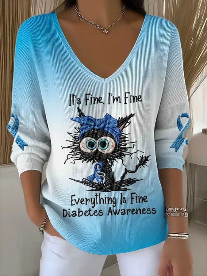 Women's It's Fine I'm Fine Everything Is Fine Diabetes Awareness Print V Neck Sweater socialshop