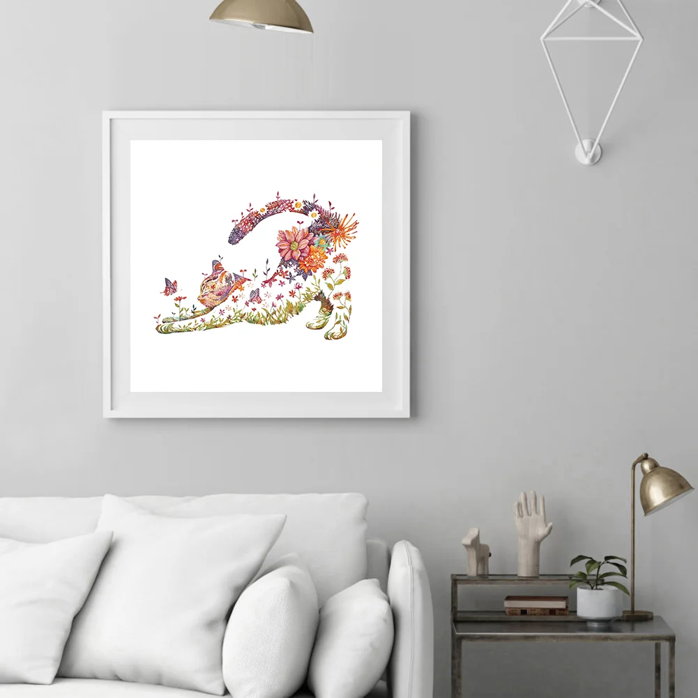 14CT Counted Partial Cross Stitch - Flowers Cat(40*40cm)