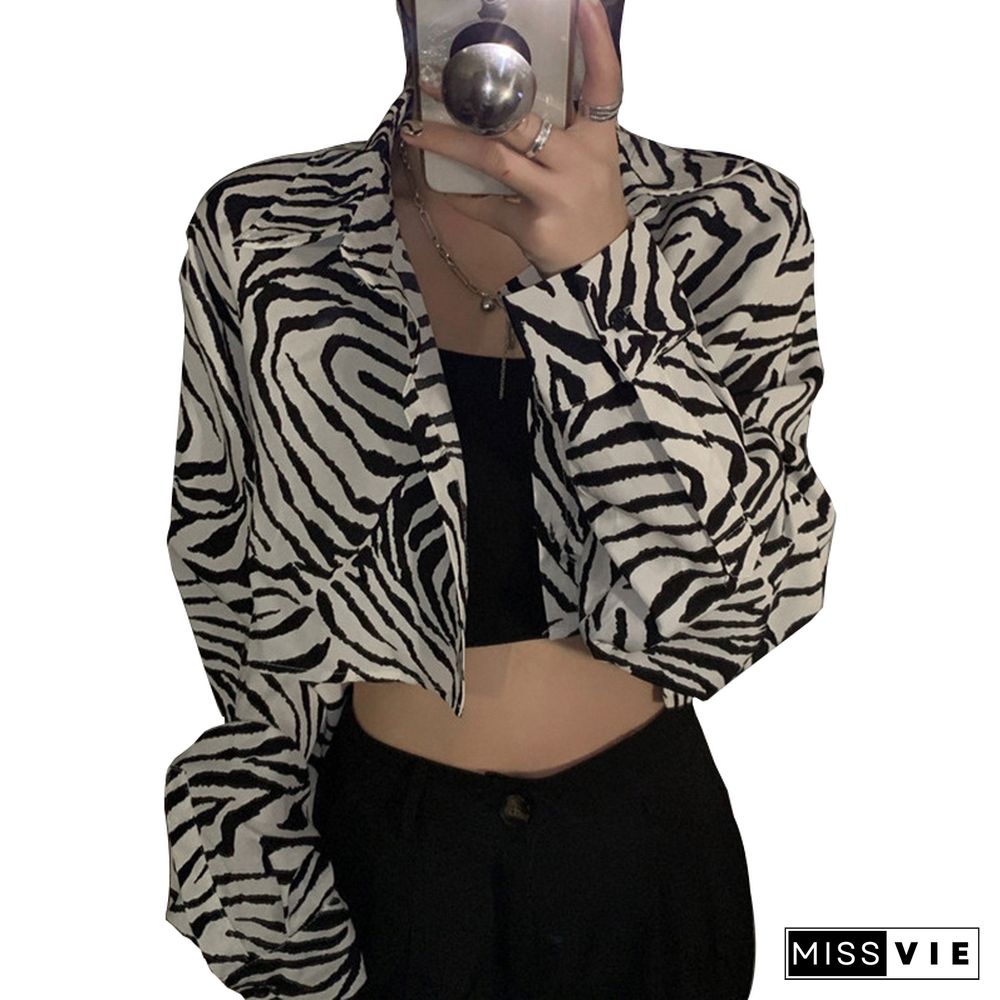 Striped Streetwear Korean Fashion Cropped Jackets Autumn Long Sleeve Turn Down Collar Bomber Jacket Womens Outwear