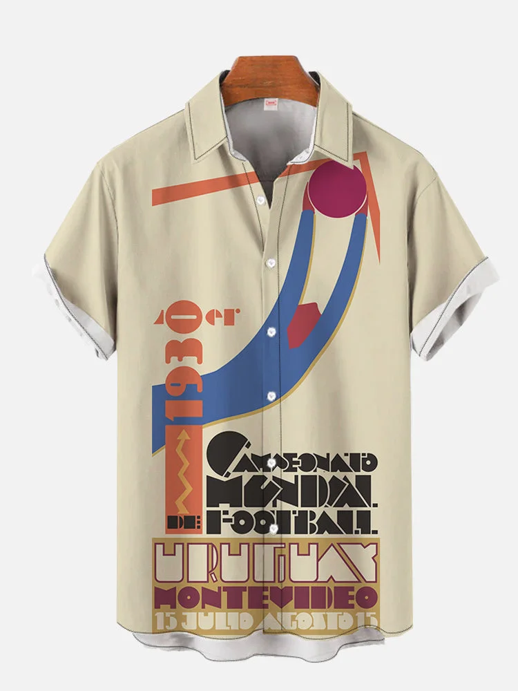 Retro World Cup Poster Abstract Geometric Athlete Portrait Printing Men's Short Sleeve Shirt