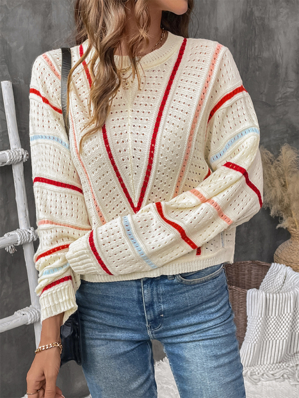 Mature Women Fashion Colorful Striped Sweater Crew Neck Pullover Sweater