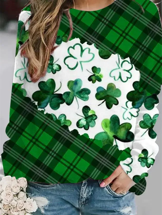 Women's Long Sleeve Scoop Neck Four Leaf Clover Printed Graphic Tops
