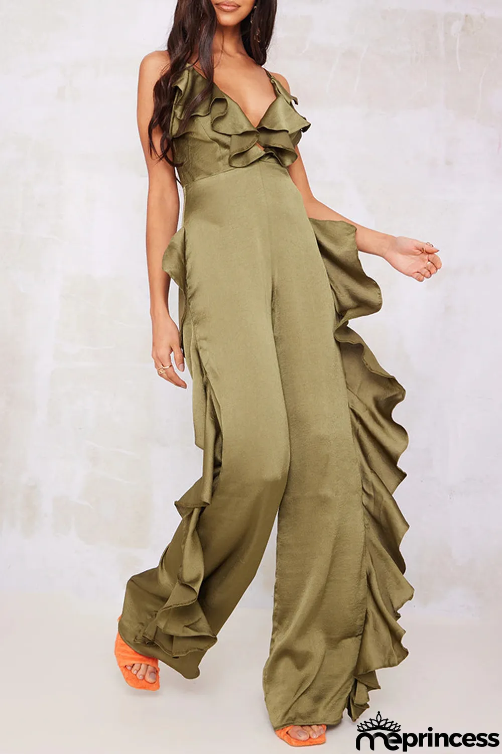Sexy Casual Solid Backless Flounce V Neck Loose Jumpsuits