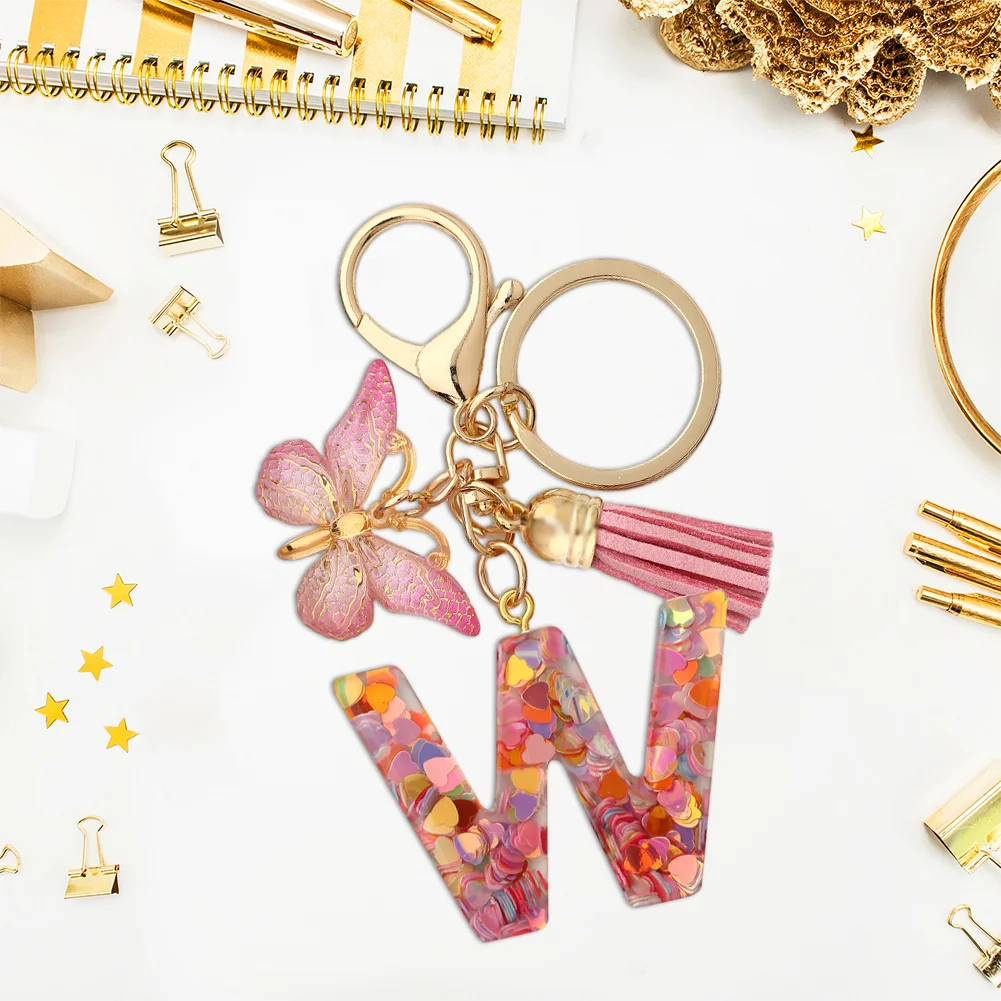 Resin Initial Letter Keychains Alphabet Letter Keychain Pink Tassel Butterfly Key Ring