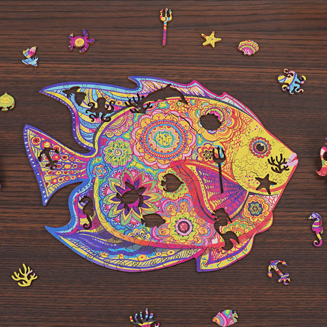 wooden jigsaw puzzle shining fish