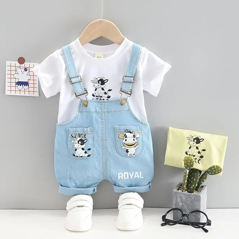 Boys and Girls Clothing Sets Summer Baby Boys Clothes Sets Cartoon Cow Tops + Bib 2-piece Summer Sets 1-3 Years Old