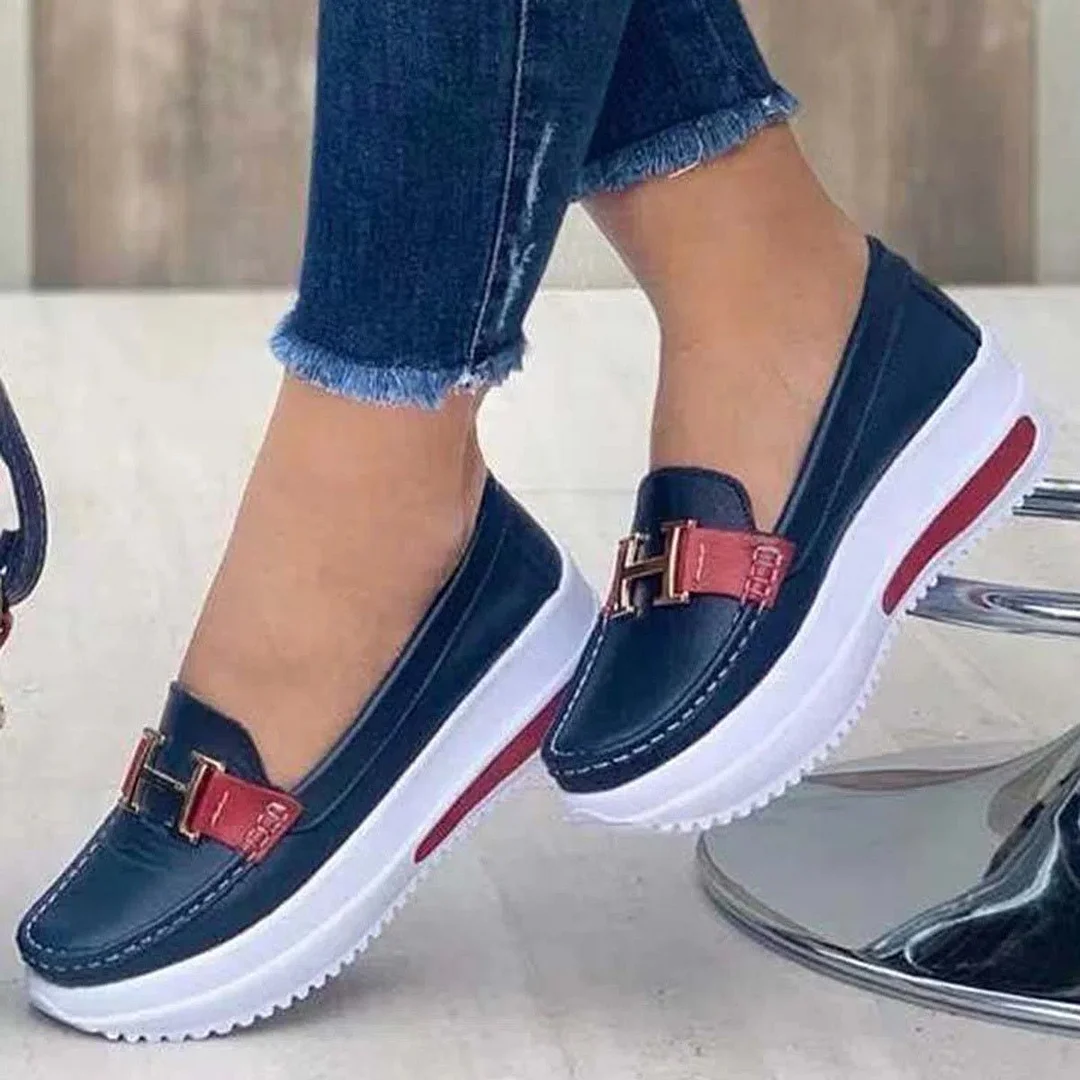 Women plus size clothing Women Thick Bottom Round Toe Casual PU Creepers&Wedges Flats Shoes-Nordswear