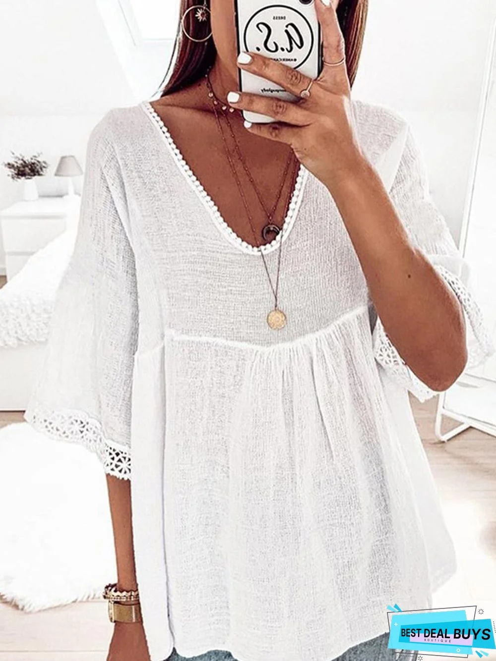 Casual Lace Stitching Five-Quarter Sleeve Cotton and Linen Shirt
