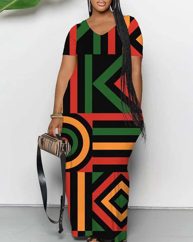Black History Month Geometric Color Blocks V-Neck Short-Sleeved Maxi Dress