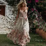 Women's Bohemia Retro Pink Rose Embroidery Art Suspender Maxi Dress - Image 2