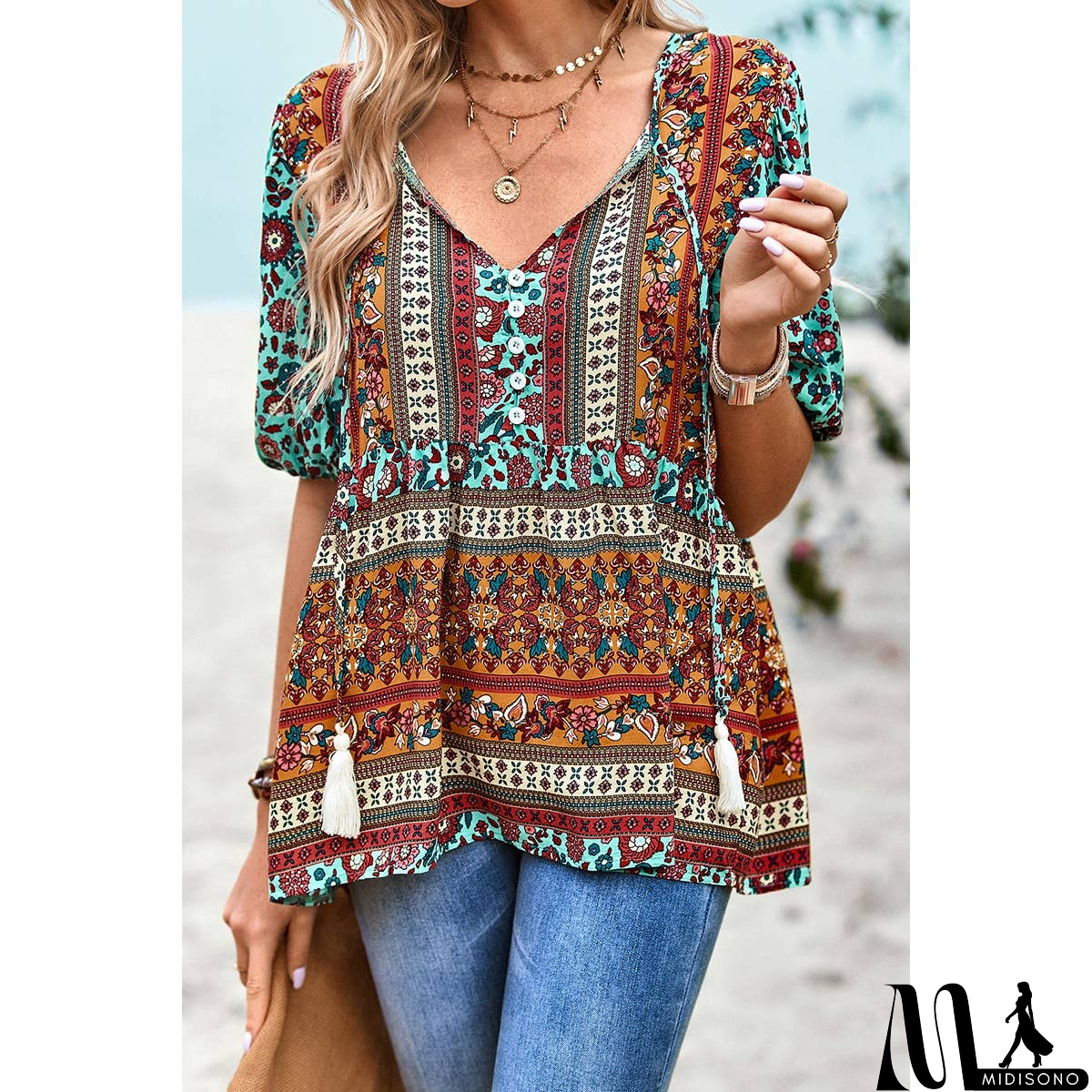 MidiSono - Floral Print Button Deep V Color Block Loose Fit Top