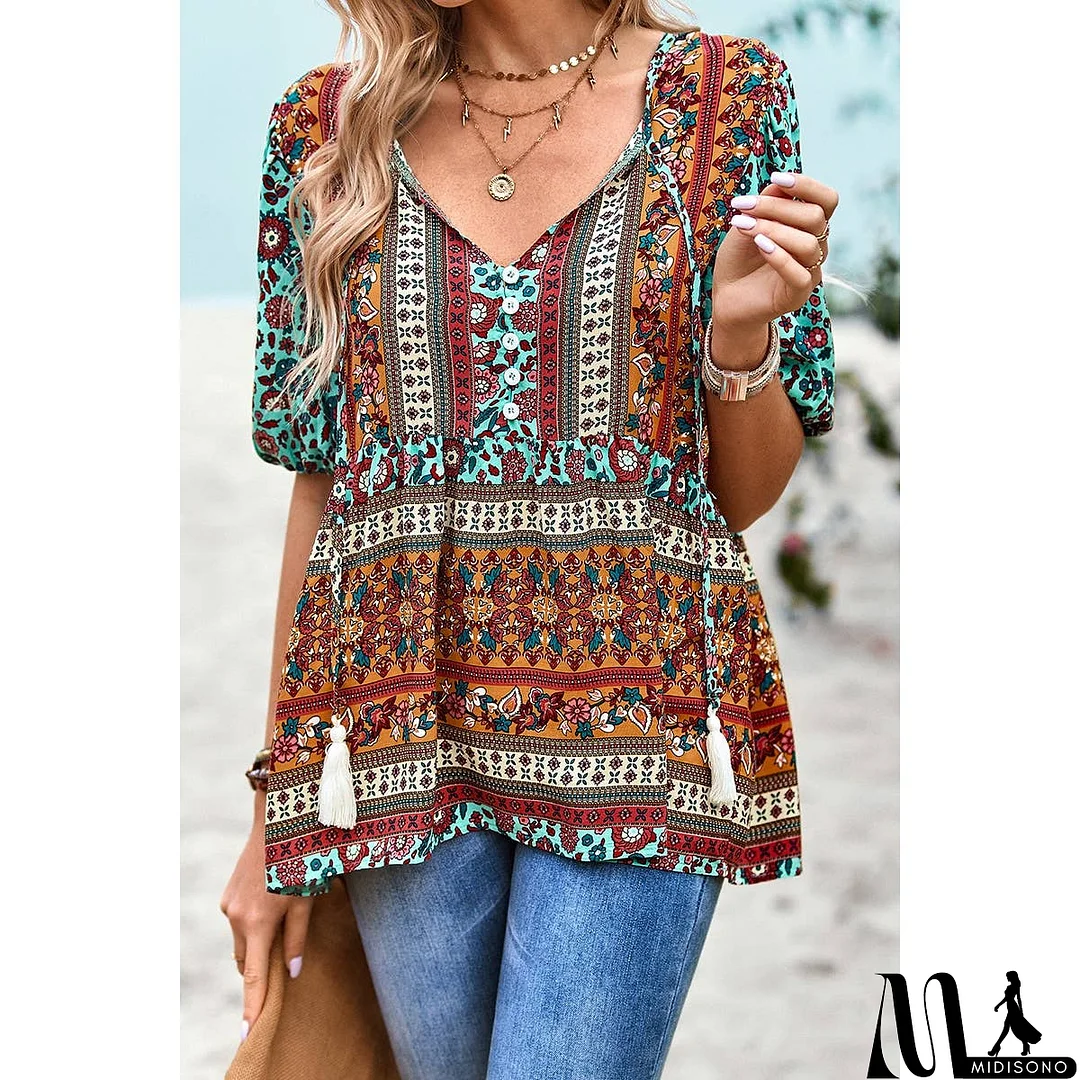 MidiSono - Floral Print Button Deep V Color Block Loose Fit Top