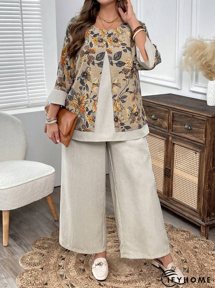2pcs Plus Size Floral Print Patchwork Long Sleeve Top And Wide Leg Pants Set, Autumn | IFYHOME