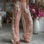 Women's Spring Floral Roses Embroidered Art Print Flowy Linen Blend Casual Pants - Image 2