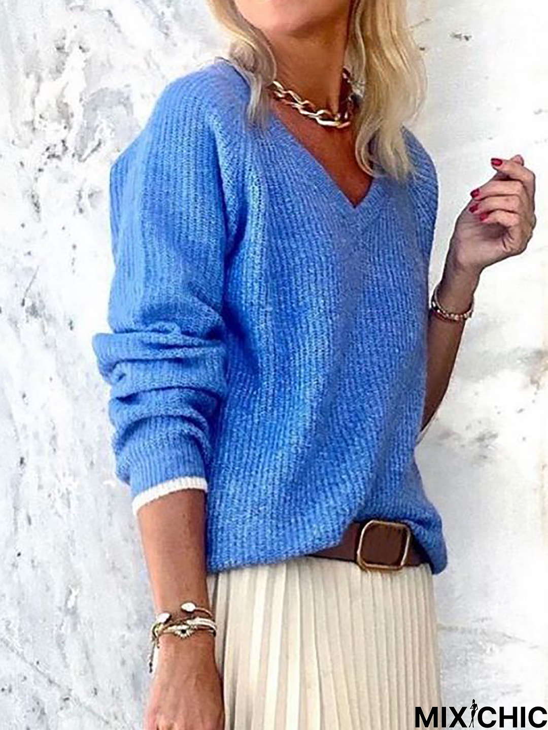 Solid Casual V Neck Sweater