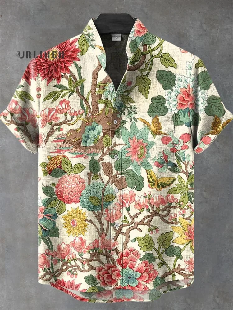 Vintage Floral Art Print Casual 100% Cotton Shirt