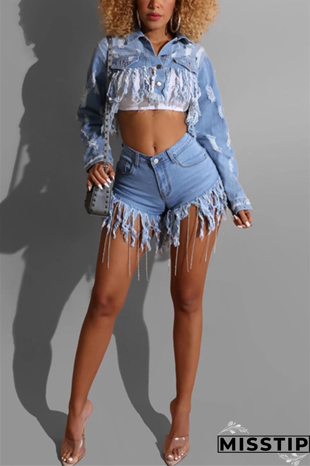 Dark Blue Fashion Hole Tassel Halter Back Navel Denim Coat