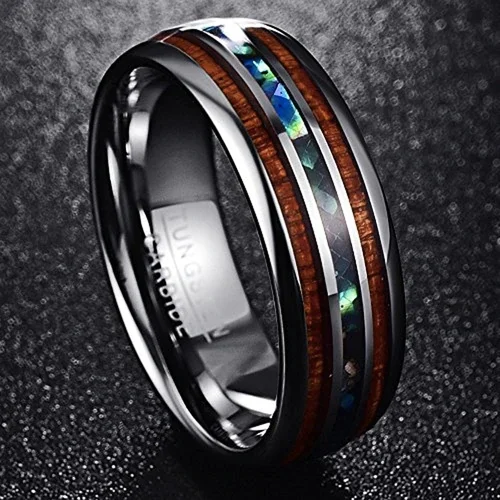 6MM 8MM Women's Or Men's Men's Tungsten Carbide Wedding Matching Rings Silver Tone Wood and Rainbow Abalone Shell Inlay