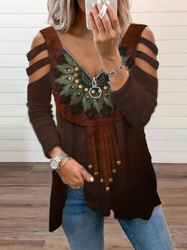 Western Tassels Leather Art Hollow Shoulder T Shirt