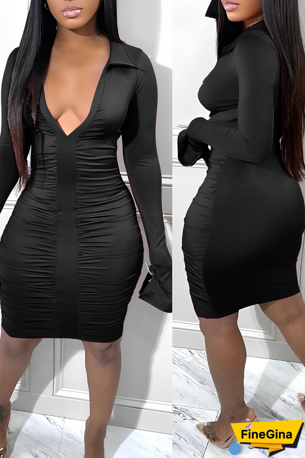 Blue Sexy Solid Fold Turndown Collar Pencil Skirt Dresses