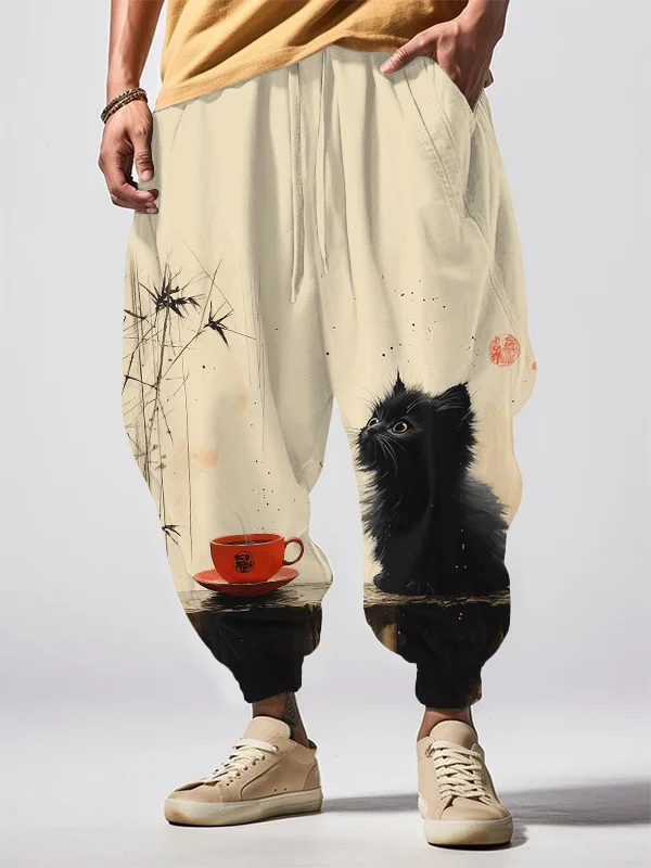 Men's Black Cat And Tea Vintage Japanese Art Print Loose Drawstring Waist Sweatpants