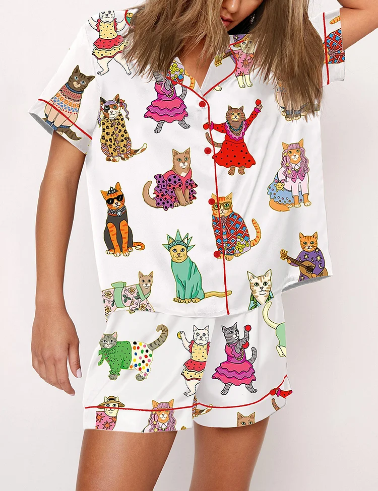 Women’s Catwalk Around The World Cat Lover Short Sleeve Satin Pajama Set