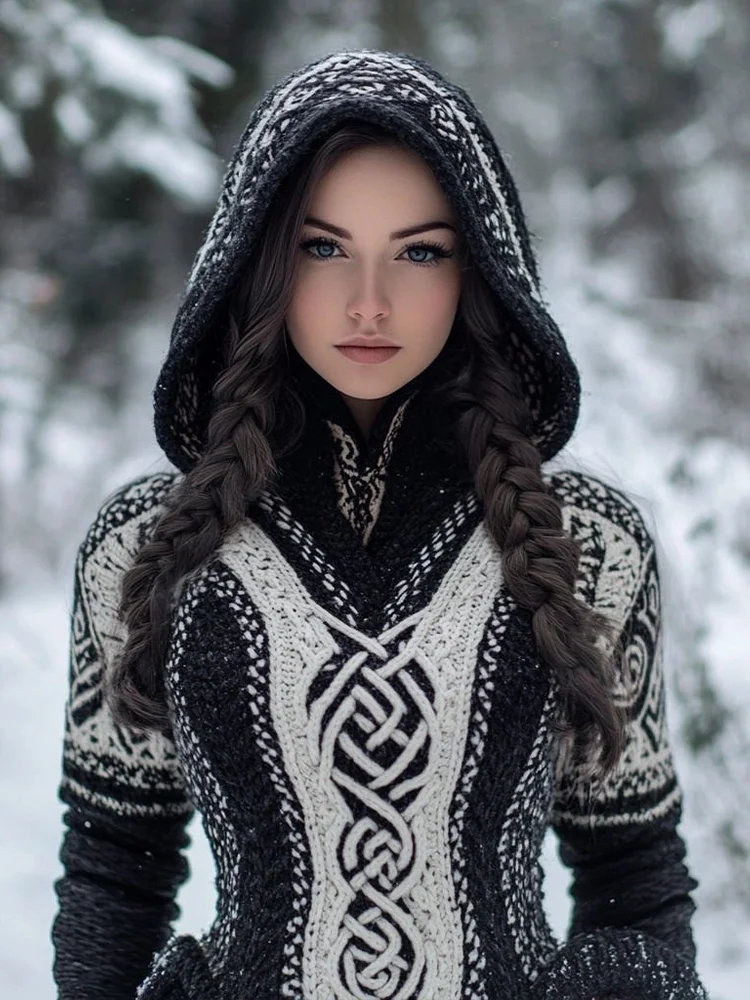 Women's Celtic Knot Jacquard Contrast Color Knit Hooded Sweater