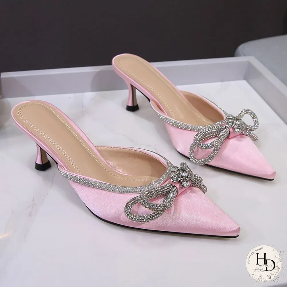 Rhinestones Bowknot Sandals For Women Sexy Buckle Strap Ladies High Heel Pumps Pointed Toe