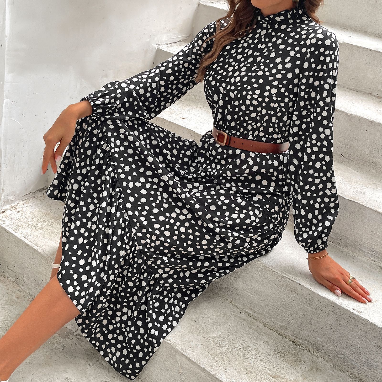 Mature Women's Elegant Polka Dot Chiffon Dress