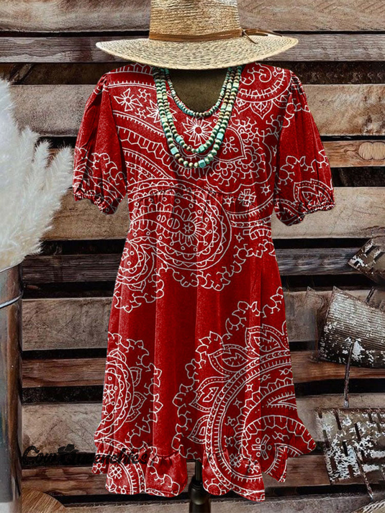 Women’s Vintage Western Art Print Pocket Cotton Dress Multicolor / S