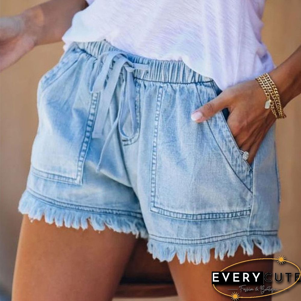 Ladies Elastic Waist Casual High Waist Slim Thin Denim Shorts Hot Pants