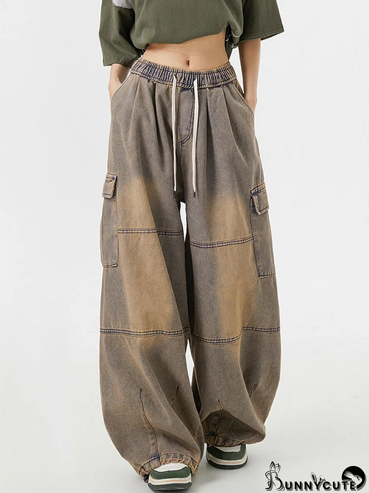 Vintage Distressed Multi Pocket Drawstring Boyfriend Jeans