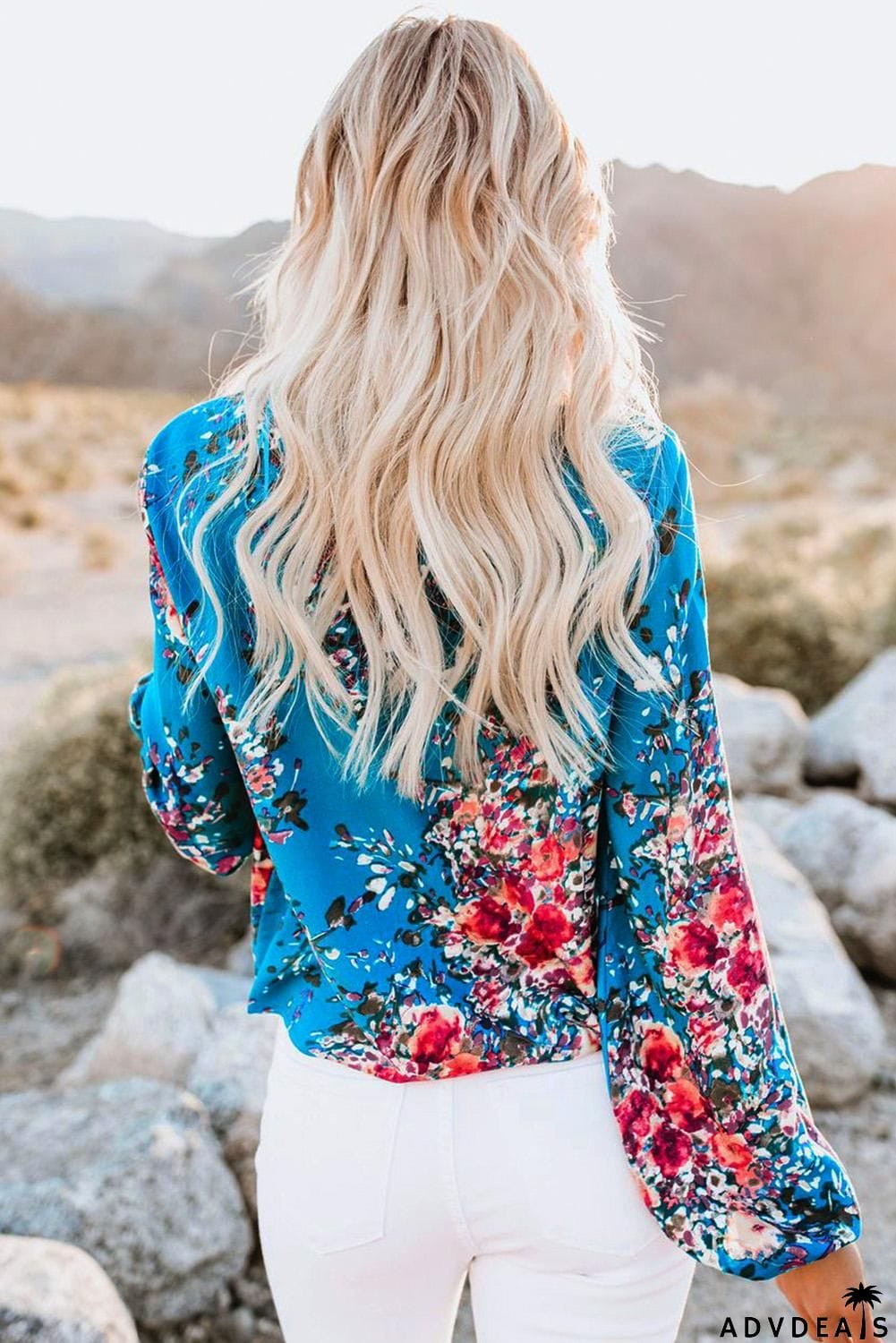 V Neck Long Sleeve Tie Front Blouse