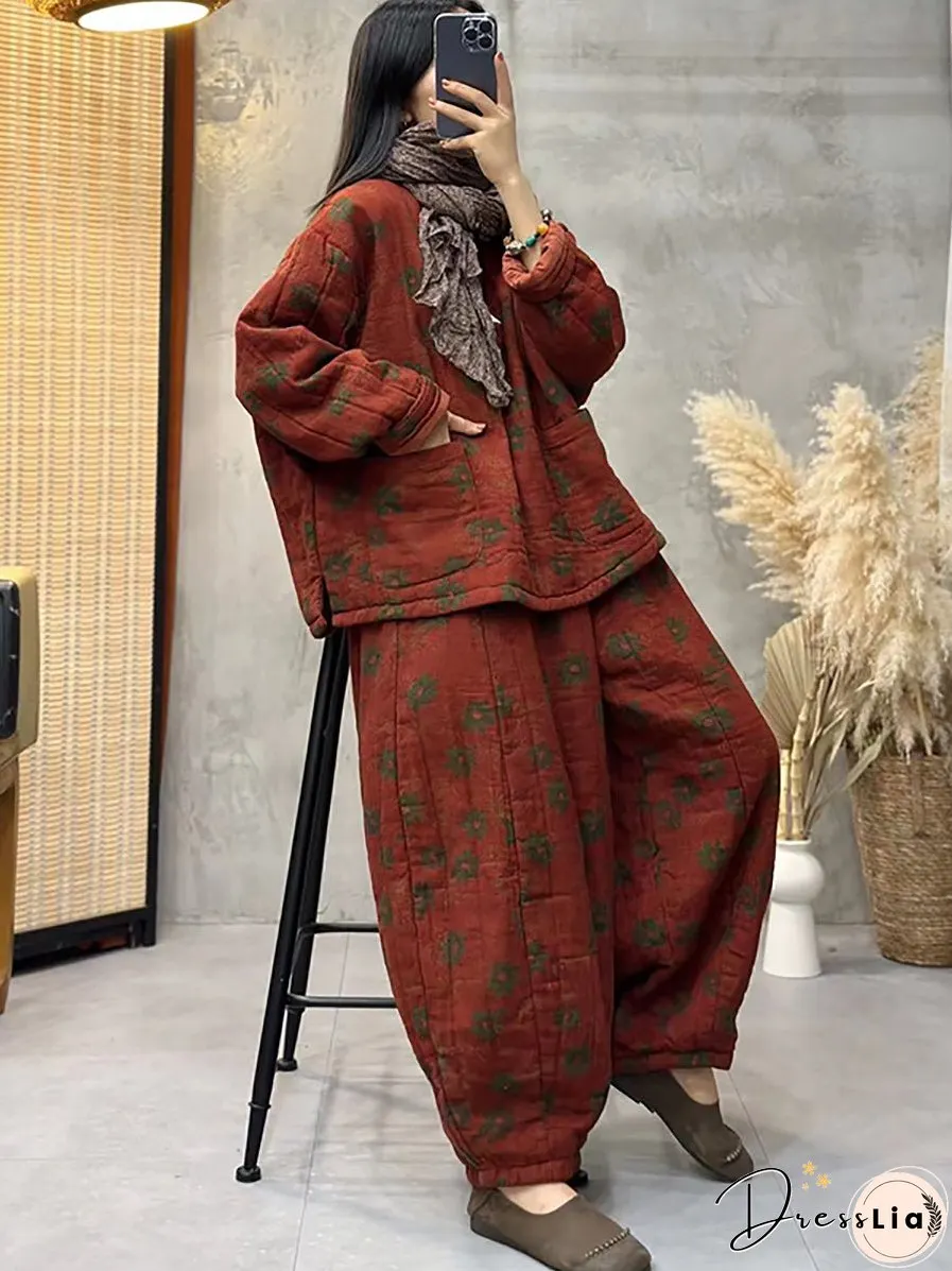 Women Flower Cotton Padded Two Pieces Outfits